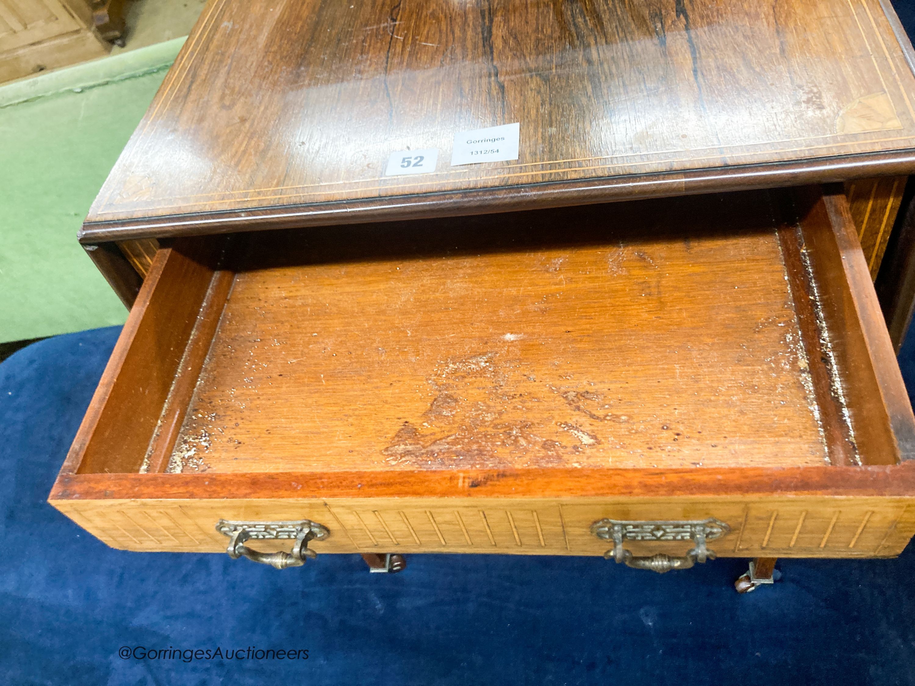 A late Victorian inlaid rosewood drop flap occasional table, extended 85cm D.39cm H.67cm